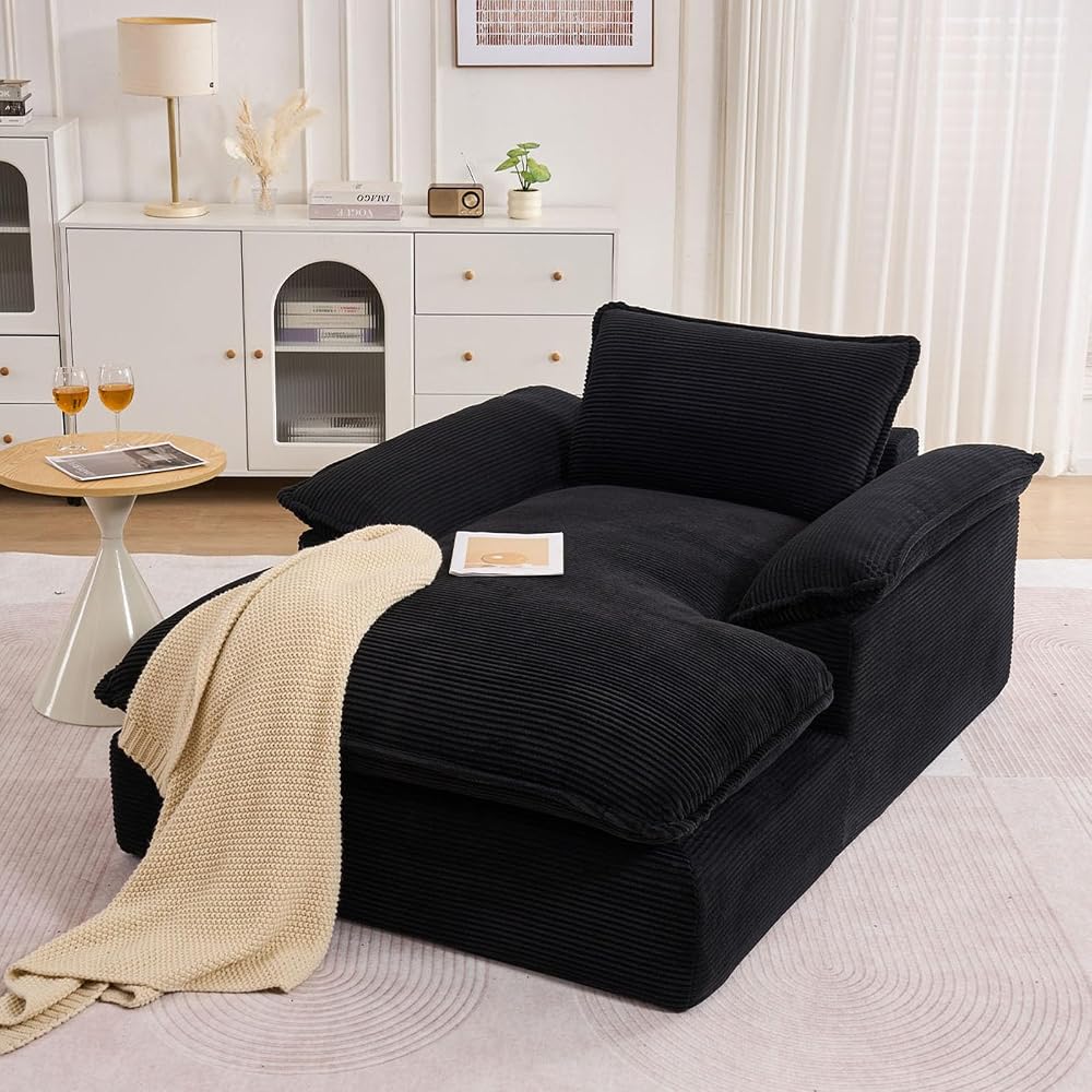 GNIXUU 67" Oversized Chaise Lounge Chair Indoor, Corduroy Upholstered Boneless Sleeper Sofa Bed, Comfy Large Reading Chair with Wide Armrests, Plush Cloud Couch for Living Room Bedroom, Black