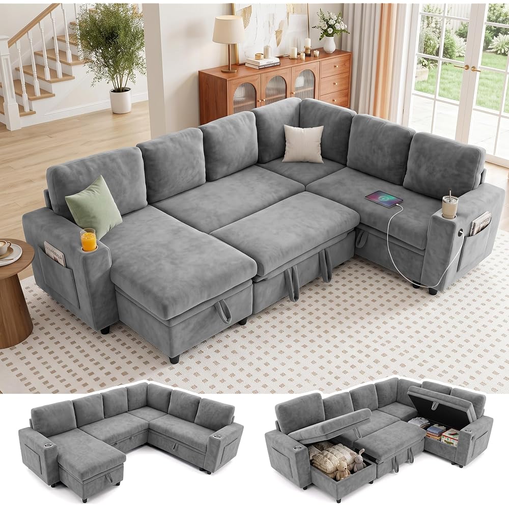L-Shaped Sectional Sleeper Sofa with Pull Out Bed, 7-Seat, Grey
