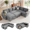 L-Shaped Sectional Sleeper Sofa with Pull Out Bed, 7-Seat, Grey