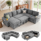 L-Shaped Sectional Sleeper Sofa with Pull Out Bed, 7-Seat, Grey