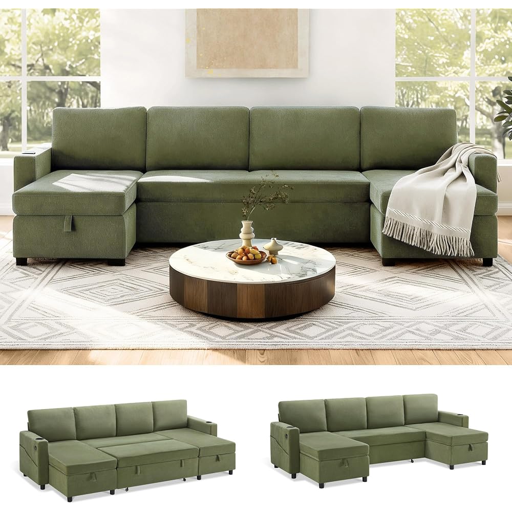KISLOT 110 Inch Sectional Sleeper Sofa with Pull Out Bed Convertible Plush 2 in 1 Couch with Storage Chaise & USB Charging Comfy L Shaped Modular Couches for Living Room Apartment(3 Box)