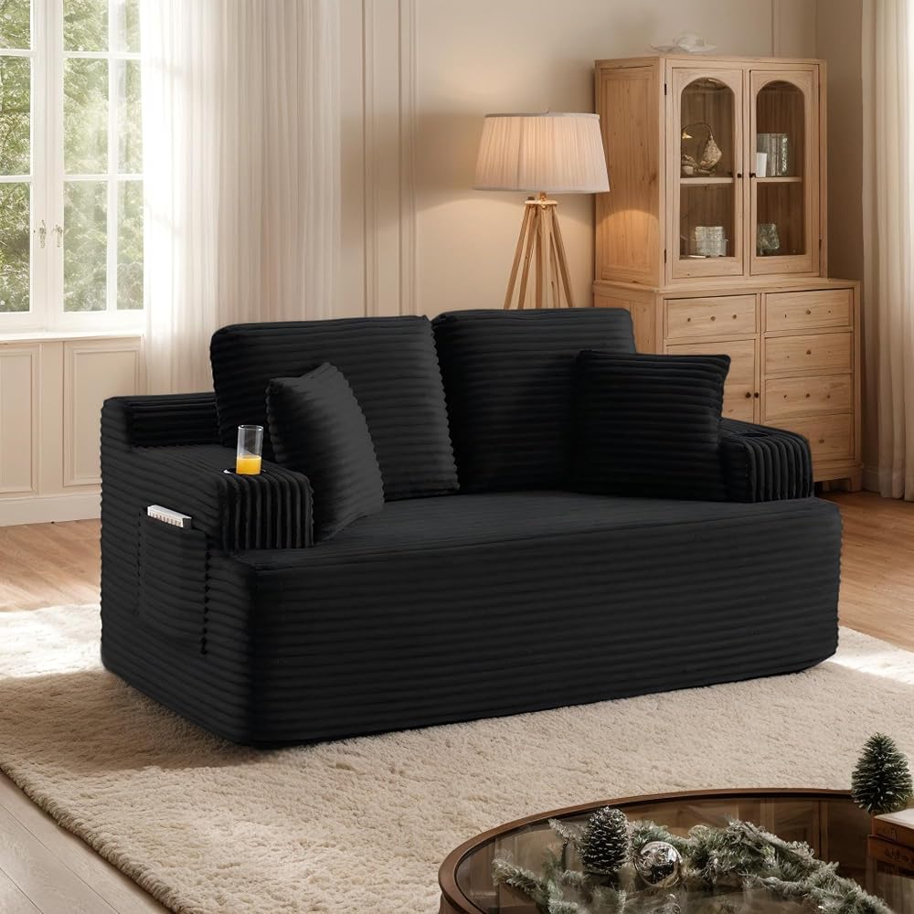 66.5" Corduroy Cloud Loveseat Sofa, 2-Seater Boneless Couch(Black)