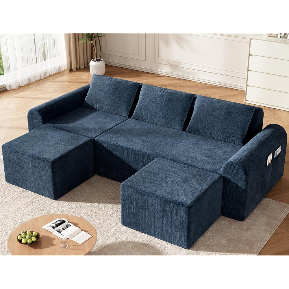Decofy Cloud Boneless Sectional Sofa for Living Room, 3-Seater Modular Couch for Small Apartments with 2 Ottomans, Deep Seat Chenille Fabric Sofa, No Assembly Required, 72H Full Restore, Blue