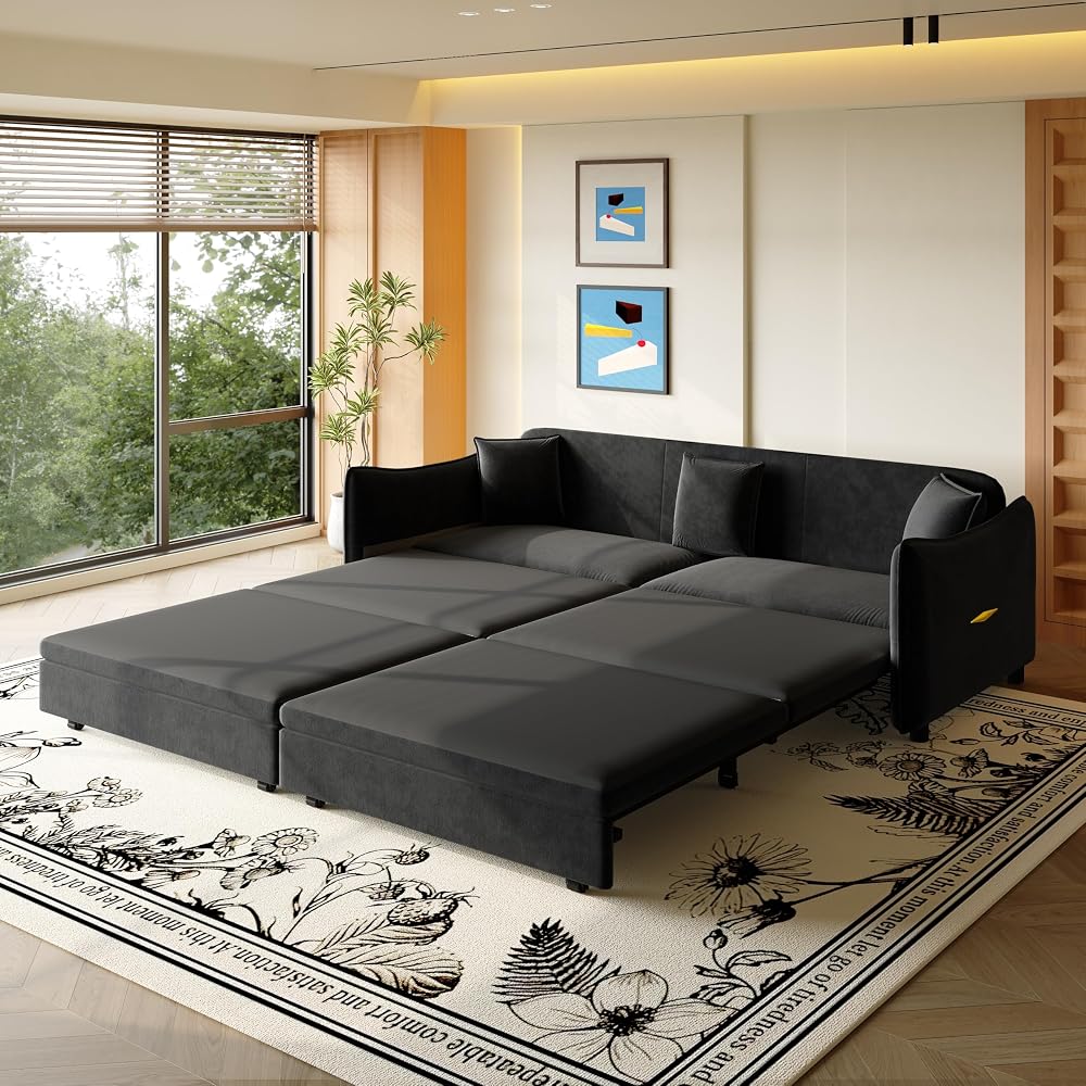 81.9" King Pull Out Sofa Bed,3-in-1 Convertible Sofa Bed with 3 Pillows & Golden Accent Detail Design, Modern Velvet 3-Seater Couch,for Small Space,Living Room,Apartment