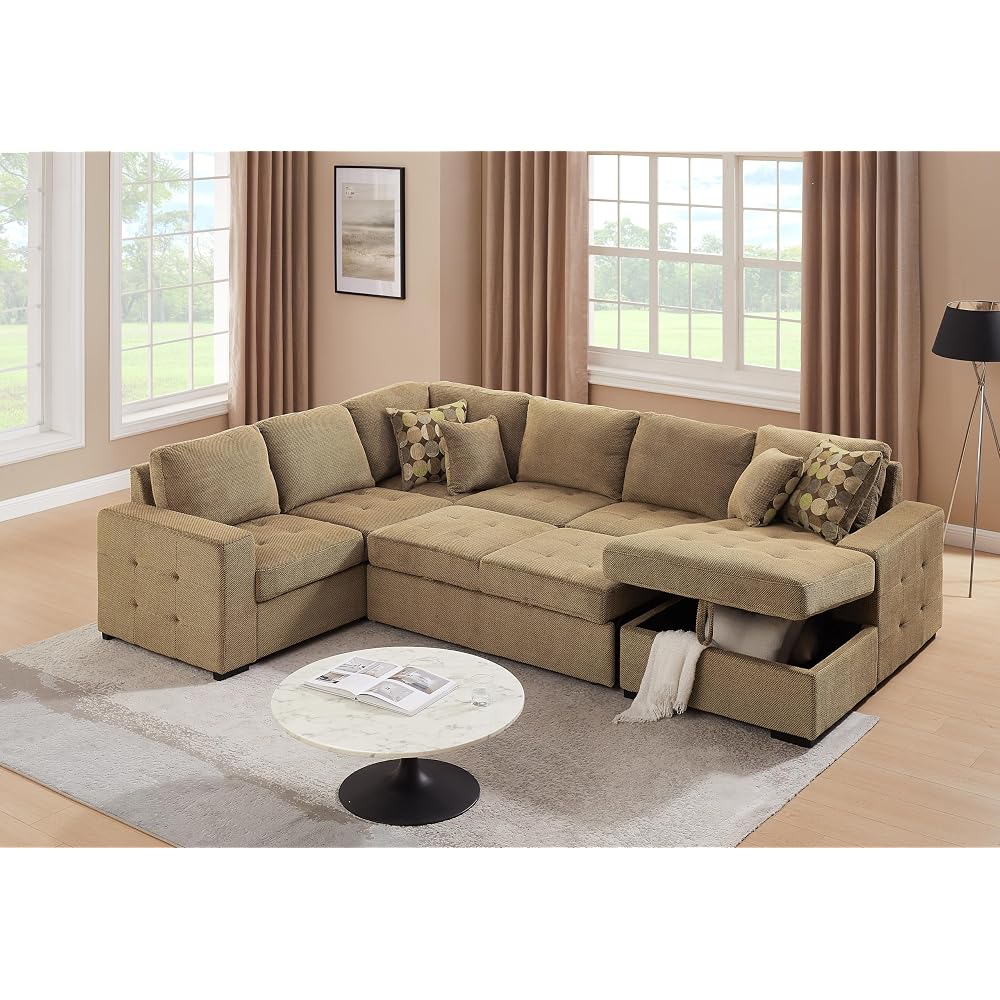 THSUPER 123'' Sectional Sleeper Sofa Couch with Pull Out Bed, Oversized Sleeper Sectional Couches with Storage Chaise U Shape Sofas for Living Room, Brown