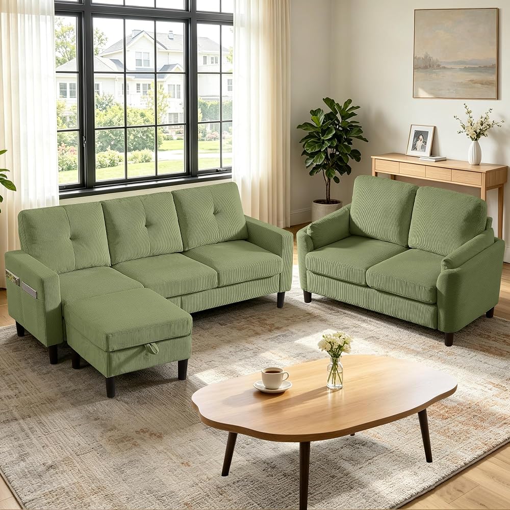 2 Piece Sectional Sofa Couch Set, 3-Seater Couch and Loveseat