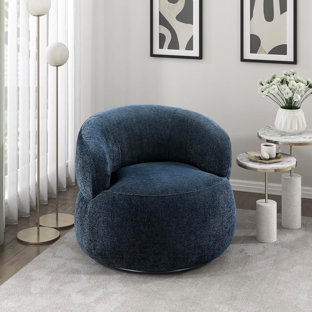 Lexicon Modern Barrel Swivel Accent Chair - Upholstered Soft Chenille Fabric with Metal Base, 360 Degree Round Swivel Accent Chair for Living Room, Bedroom, Office, No Assembly Required, Blue