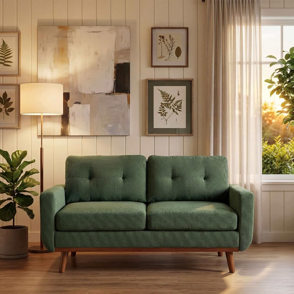 KEIKI 65" Upholstered Sofa, Corner Couch, 2 Seat Comfortable Couch with Solid Wood Legs for Living Room, Apartment, Office, Dark Green