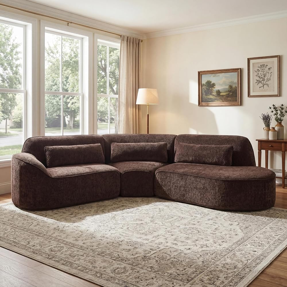 Merax 123.23" Curved Polyester Sectional Sofa Set, Modern Cloud Couch with Chaise Lounge & Right Hand Facing, High-Density Fully Compressed Sponge, Fully Assembled for Living Room, Dark Brown